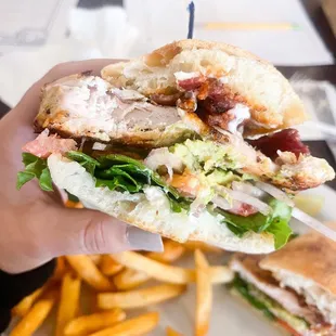 Club sandwich with mayonnaise, bacon, chicken avocado, onion, tomato lettuce- all so fresh!!!