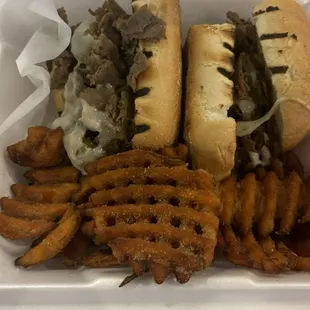 Philly Cheesesteak and Sweet Potato Waffle Fries
