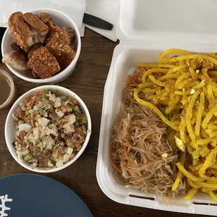 Pancit combo with Lechon Kawali and Sisig