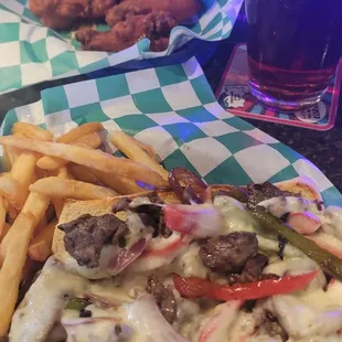 Philly Cheesesteak and Buffalo Wings w Yuengling