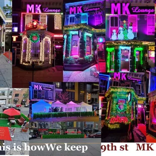 a collage of photos with neon signs