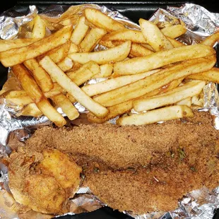 Catfish Plate with two fried shrimp and double seasoned fries