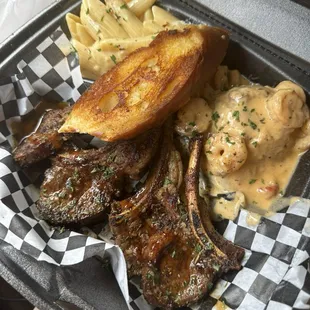 Lamb chops with seafood mashed potatoes and Mac and cheese