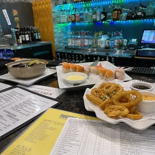 Spicy Fried Calamari, Garlic Black Mussels