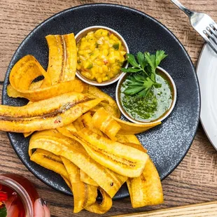 Plantains with chimichurri and mango salsa