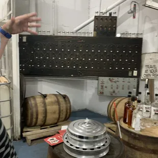 The operation box for the silos. The barrels for the aging of the whiskey.