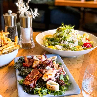 lois salad, grilled monterey squid, and truffle fries