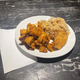 Dry chili chicken special (with fried rice and crab Rangoon)