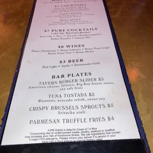 This is their happy hour menu