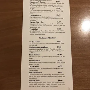 the menu of the restaurant