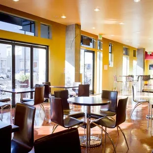 tables and chairs in a restaurant