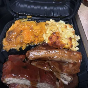 Pork Ribs Dinner with yams and Mac n cheese