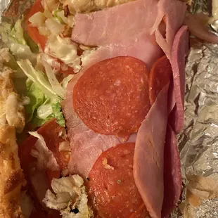 Italian hoagie, loaded with toppings.