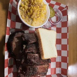 Lean brisket with ribs and cheesy corn