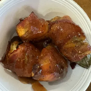 Jalapeño Poppers, glazed with BBQ sauce - yum!