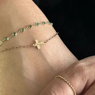 Solid gold emerald bracelet, gold filled bracelet with custom cross initial, laser, engraved, and gold filled beaded ring