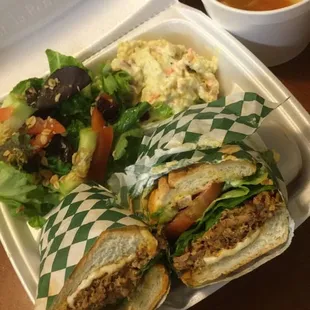 Barbacoa sandwich with potato salad, green salad and albondigas. My new favorite!