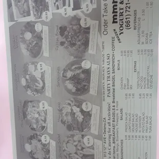 Take out menu as of September 2018. I recommend the shrimp salad or the chicken and avocado salad.