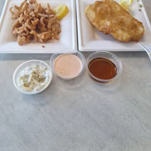 Clam strips(left), 4 Oz. Cod Sauces left to right: tartar, mn sauce, malt vinegar