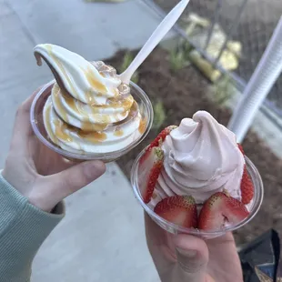 Vanilla/Chocolate Soft Serve w/ Bourbon Caramel, Raspberry Soft Serve w/ Strawberries (S)