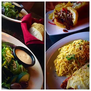 a plate of pasta, salad, and a sandwich