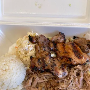 Teriyaki chicken, Kalua pig, rice ,macaroni salad