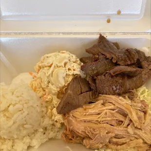 Teriyaki steak, Kahlúa pig,  macaroni salad and white rice