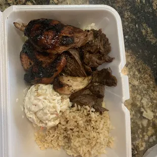 Mini sized teriyaki chicken and steak, with brown rice and macaroni salad! So incredibly good! Lots of food too!
