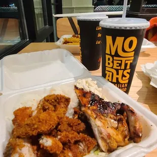 katsu chicken, teriyaki chicken, white rice and macaroni salad
