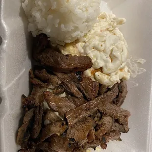 Mini Plate Teriyaki steak with macaroni and rice.