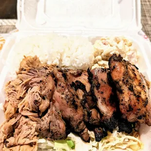 Two item plate. Teriyaki chicken and Kalua pig with white rice and Mac salad. Awesome!