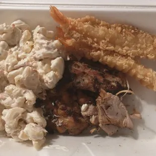 Chicken, bland macaroni and decent tempura shrimp