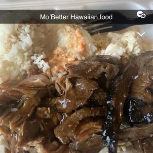Teriyaki beef, Kalua, pig ,rice, Mac salad