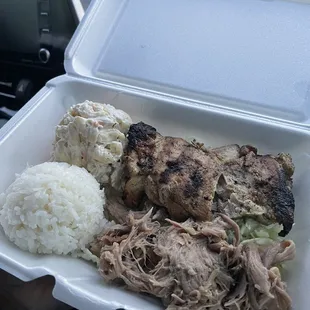 Grilled chicken and kalua pork plate