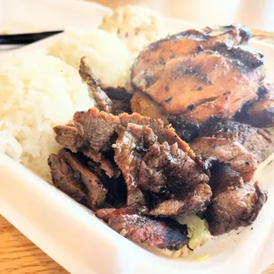 Beef and chicken teriyaki with white rice and macaroni salad