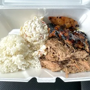 Mini Plate with Teriyaki Chicken and Kalua Pig on Cabbage with Rice and Macaroni Salad