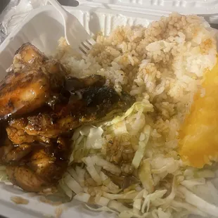 My hot mess of a half eaten mini plate with Teri Chicken &amp; Shrimp Tempura! So good!!