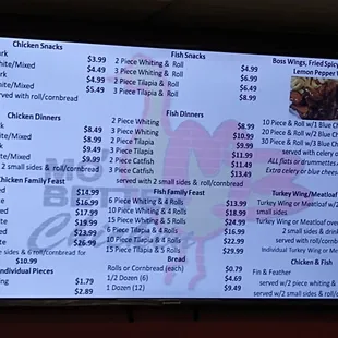 a menu on a large screen