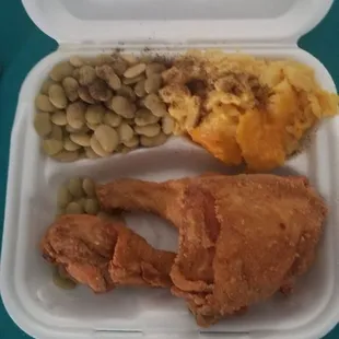 3 piece chicken meal w/ macaroni &amp; cheese and lima beans. So good!