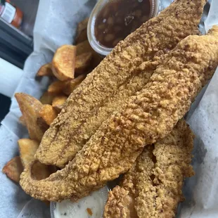 1/2 lb. Boneless Catfish Dinner with fries and baked beans