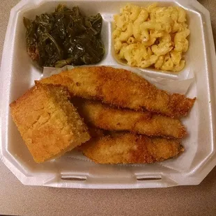 Whiting dinner with greens and Mac &amp; chesse