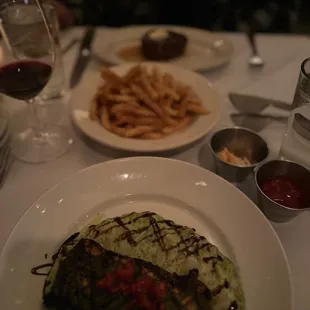 Wagyu Filet Pesto Crusted Salmon w/Pesto Mashed Truffle Parmesan French Fries