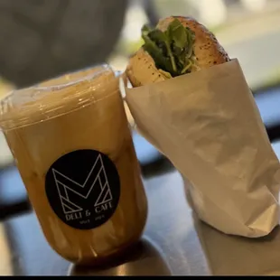 Special bagel and iced latte