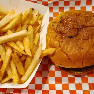 Side of fries and a brisket sandwich, chopped