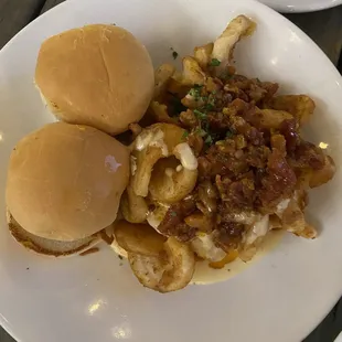 Seffer&apos;s Sliders with fries, bacon ketchup and truffle cheese sauce