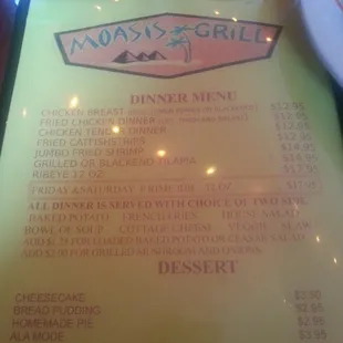 Dinner menu