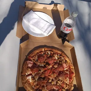Meatball, Sausage, &amp; Ham Pizza with Beer in tha Dough  from Mobpie Pizza at Container Park Yo with a Diet Coke!