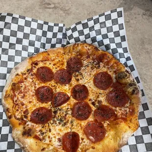 pepperoni on a checkered paper