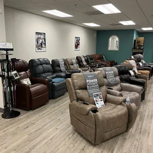 The showroom has a huge selection of power reclining lift chairs available for same day or next day delivery.
