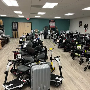 The showroom has 50 different powered scooters and powered wheelchairs to try out and take home the same day.